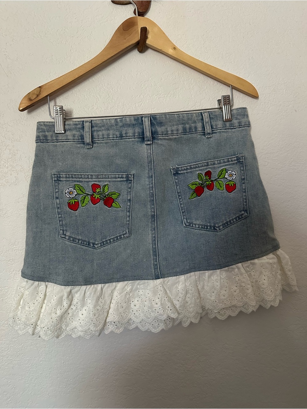 Dolls Kill x Strawberry Shortcake Freshly Picked Denim Mini Skirt with Ruffle- L - Picture 5 of 8